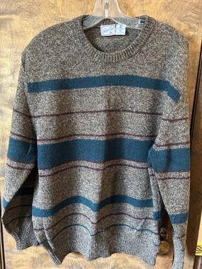 Men's Brown Stripe Crewneck Sweater 100% wool XL